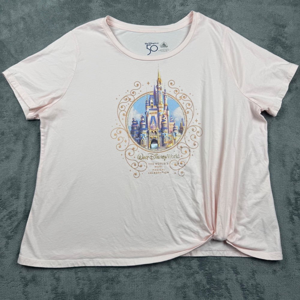 Disney World 50th Anniversary Castle T-Shirt Pink Side Knot 2X Womens